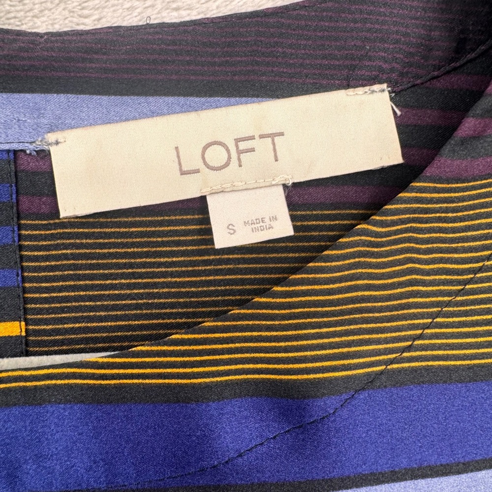 LOFT Womens Small Striped Long Sleeve Blouse Purple Blue Red Puff Sleeve Top - Picture 3 of 5